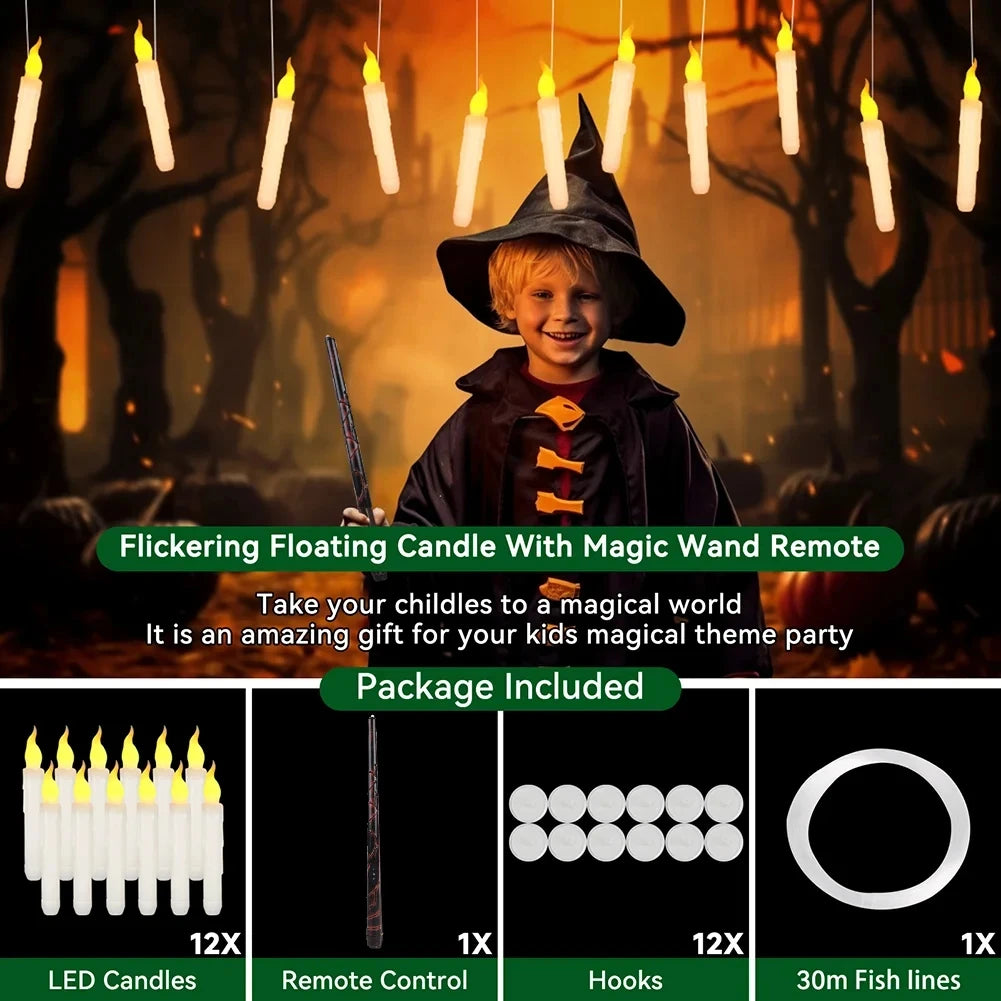12/48 PCs  LED Floating Candles with Magic Wand Remote Flameless Flying Candle Flickering Warm Light for Halloween Holiday Decor