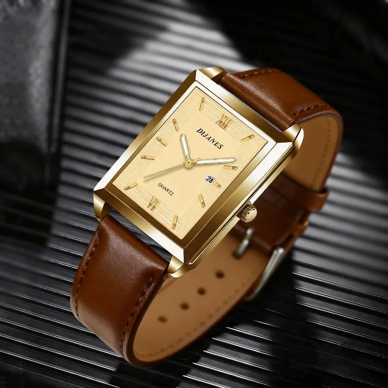 2pcs/set Mens Watches + Necklace Fashion Brand Square Quartz Watch for Man Business Casual Leather Belt Clock Men Gift Relogios