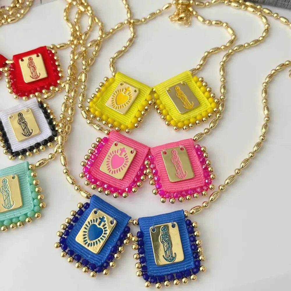 3Pcs 2024 Fashion Gold Plated Handmade Beaded Religious Cross Bracelets Necklaces Fine Jewelry Mary Charm For Women Girls Gift