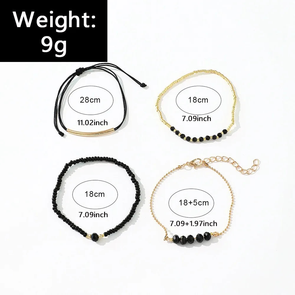4PCS Fashion  Black Glass Stone Bracelet Set For Women Bohemian Multilayer Stacked Rice Beaded Link Chain Jewelry