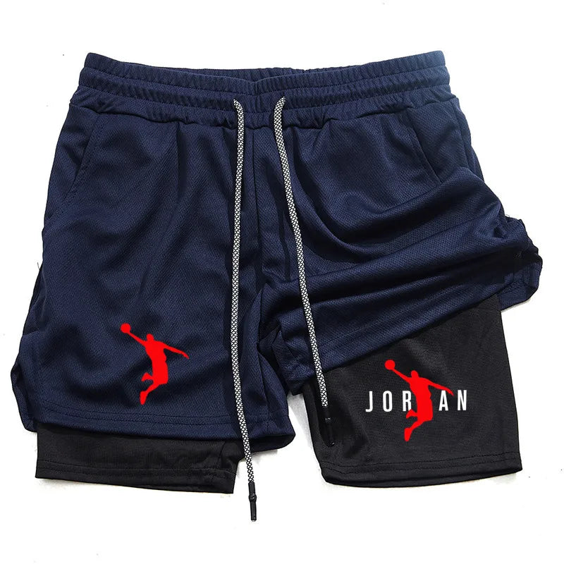 Men's Double Layer Fitness Shorts Men Fitness Gym Training 2 in 1 Sports Shorts Quick Dry Workout Jogging Double Deck Summer