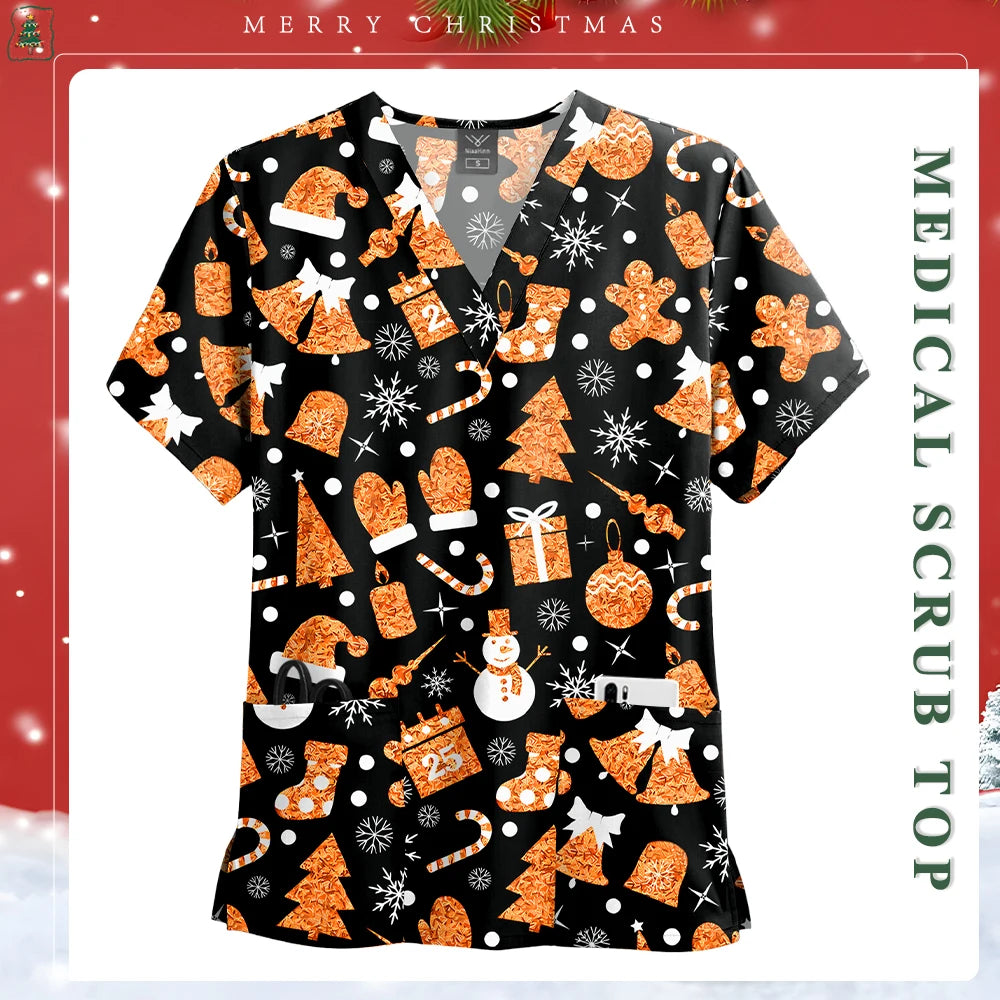Women Men Christmas Scrubs Top Short Sleeve Pockets Surgery Blouse V-neck Medical Clothes Unisex Spa Dental Vet Surgical Uniform