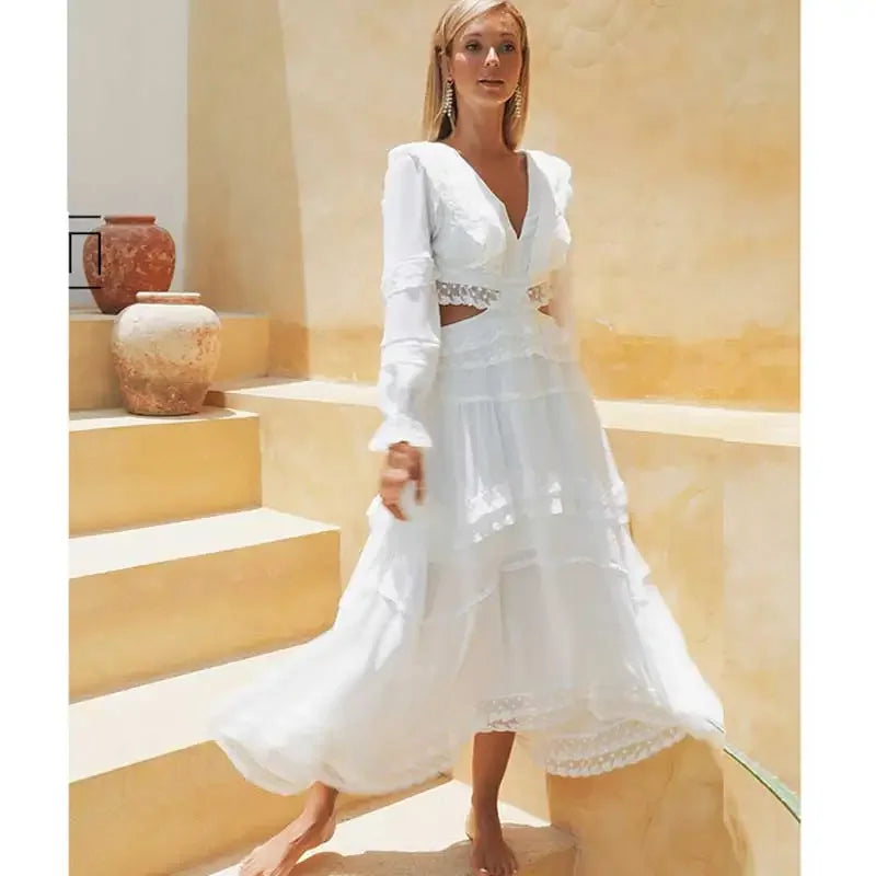 Super Chic White Sexy hollow out dress women backless lace up embroidery party dress dress summer beach holiday dresses
