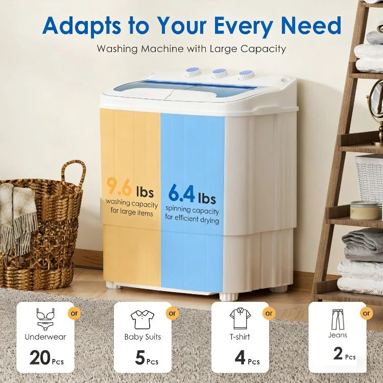 Portable Twin Tub Washing Machine Combo with Spin Dryer 16lbs Compact Laundry Washer for Apartment Dorm RV Camping