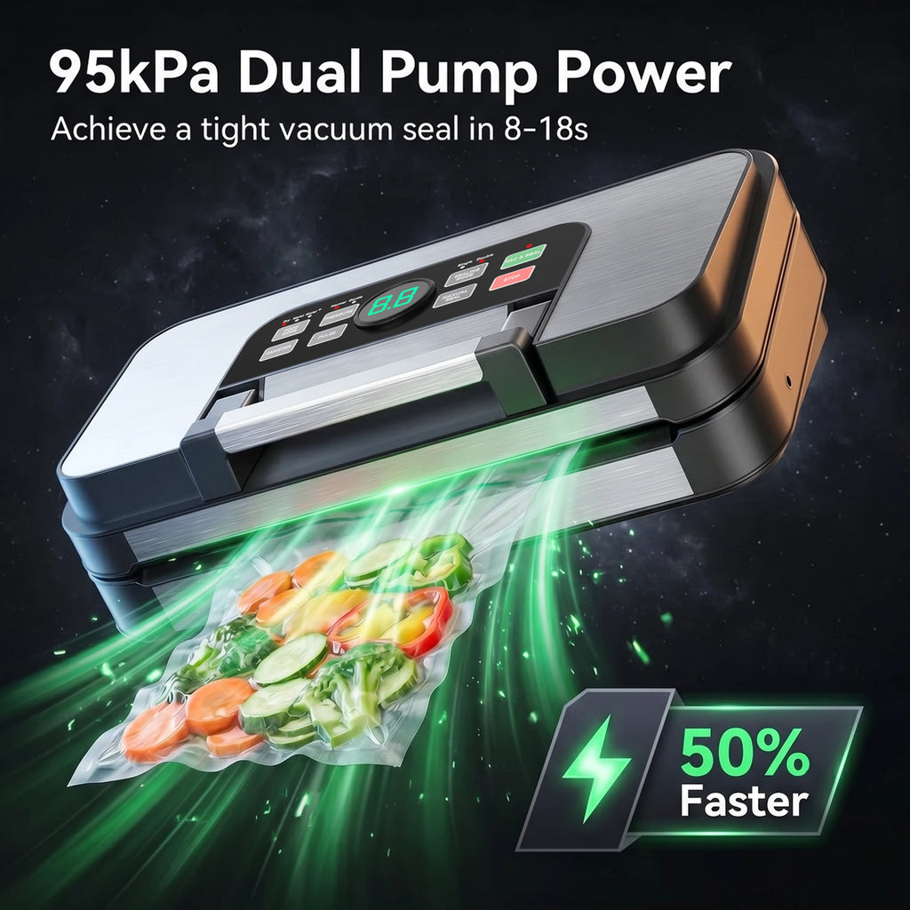 95KPA Dual Pump Vacuum Sealer Machine 10 Modes Double Seal Dry/Moist Food Vacuum Packing with Hose & Roll Bags Upgraded Design
