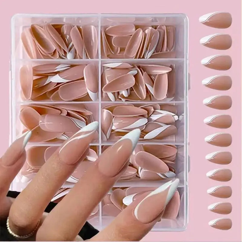 120Pc Almond-Shaped French Tip False Nails - Full Coverage Press- Nails with Nude/Pink Striped or Solid Tips Weddings Daily Wear