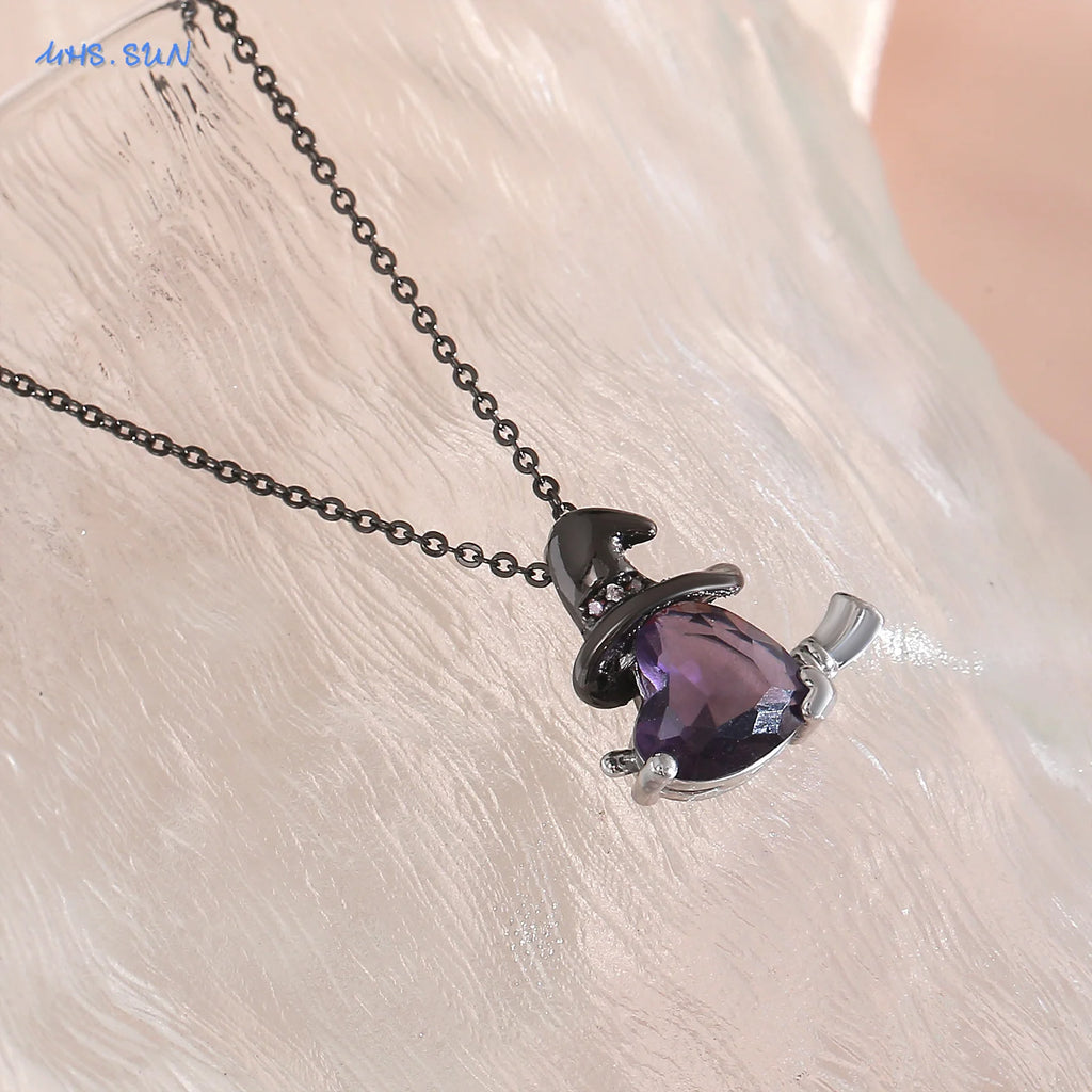 MHS.SUN Gothic Black Witch Hat Broom Pendant Necklace for Women Vintage Purple Zircon Heart Halloween Jewelry Festival Gifts