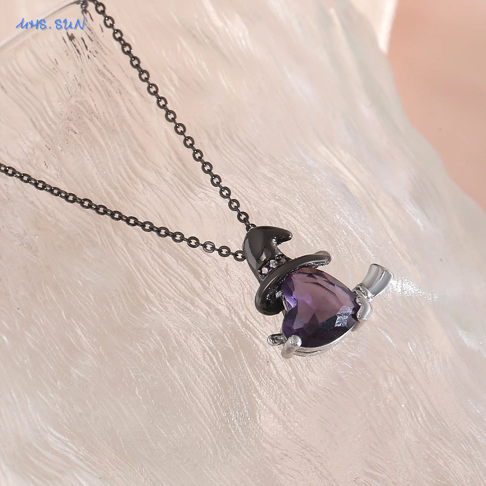 MHS.SUN Gothic Black Witch Hat Broom Pendant Necklace for Women Vintage Purple Zircon Heart Halloween Jewelry Festival Gifts