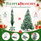 7FT 8FT Snow Flocked Artificial Christmas Tree with Pine Cones & Red Berries, Hinged Xmas Tree with Foldable Metal Stand for Indoor Holiday Home Decor