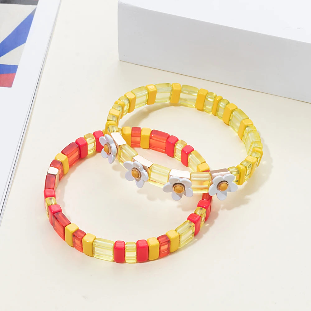 2024 New Design Acrylic Beads Bracelets For Women Red Green Flower Charm Bangle Inlaid Zirconia Beads Jewelry Sets