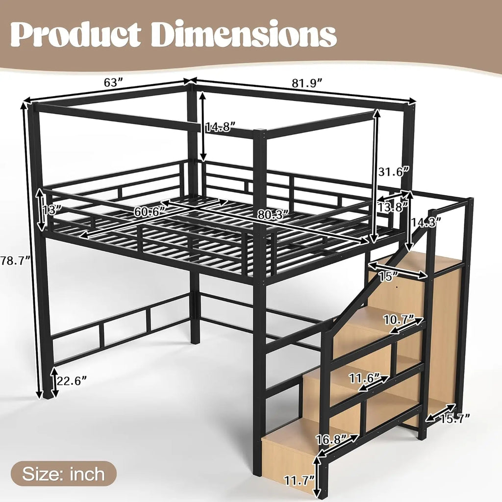Bellemave Queen loft Bed with Storage Stairs, Wardrobe, Canopy Support Pole, Metal Queen Loft Bed Frame for Adults, Kids, Teens,