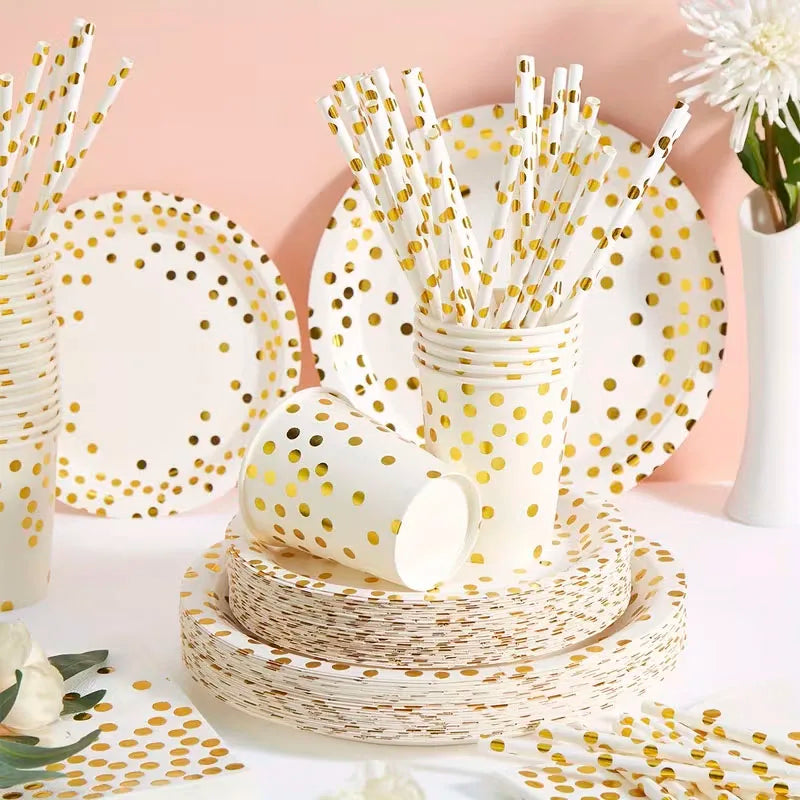 White Gold Dot Disposable Tableware Set Paper Plates Cups Napkins For Elegant Wedding Birthday EVJF Party Supplies Decor