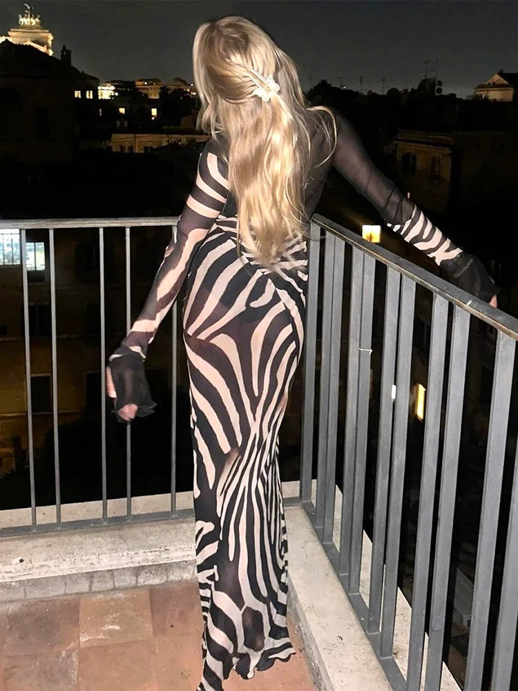 kliou Patchwork Stunning Women Maxi Dress Sexy Hot Sheer Low Neck Full Sleeve Straight Bodycon Female Popular Party Long Robe