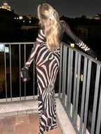 kliou Patchwork Stunning Women Maxi Dress Sexy Hot Sheer Low Neck Full Sleeve Straight Bodycon Female Popular Party Long Robe