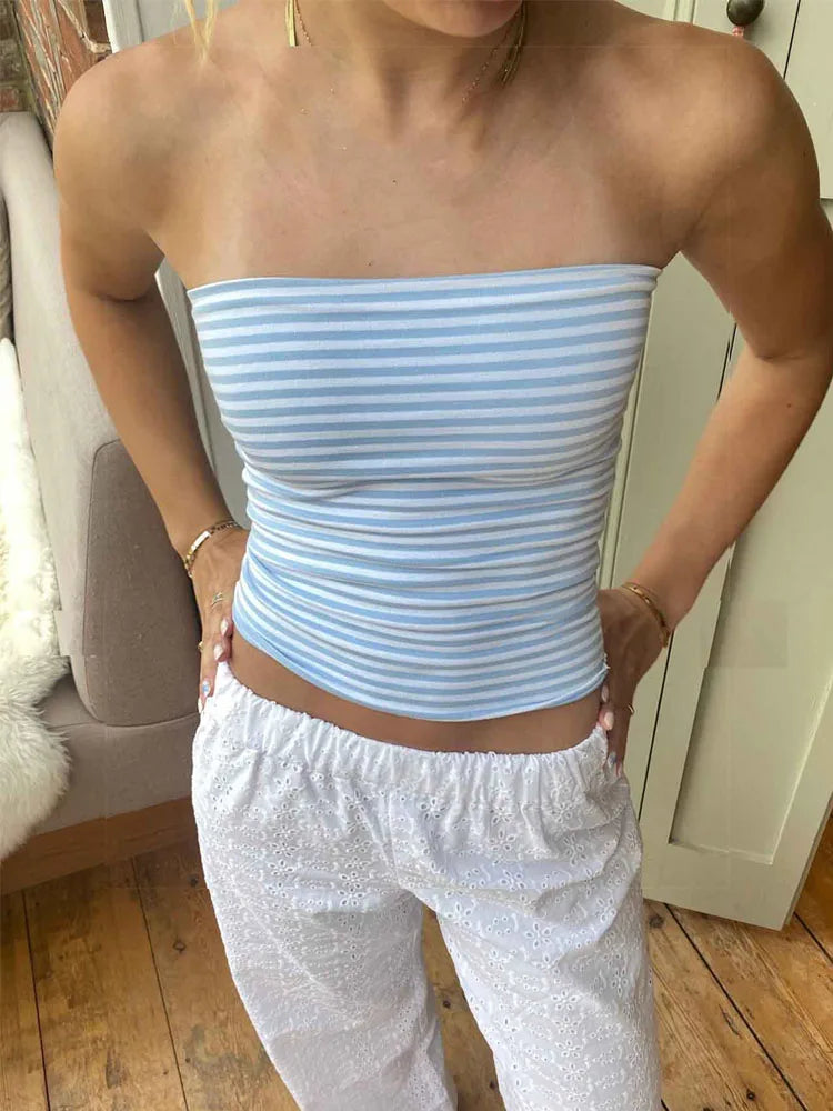 Women Cropped Tube Tops Strapless Off Shoulder Backless Short Tank Summer Party Club Striped/Solid Mini Vest 2025 New