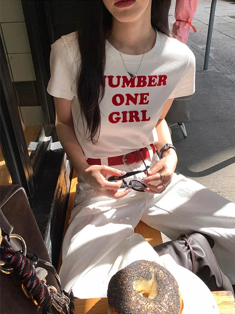 Solid Letter Printed Short Sleeve Tee Summer Tops O-Neck Sliming Women's Short Sleeve T-shirt Casual Fashion Korean Clothing Y2K