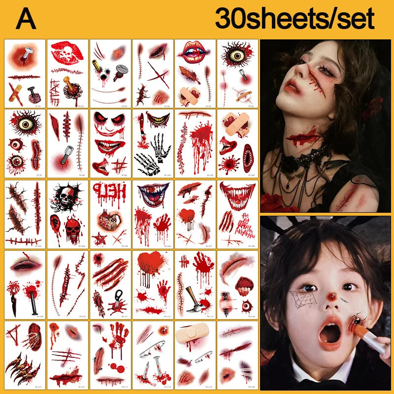 30 Sheets Halloween Fake Tattoo Scar Stickers Face/Hand/Body Makeup Stickers