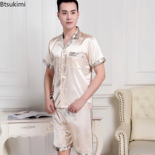 2026 Summer Men's Pajamas Sets Satin Silk Shorts Short Sleeve Two Piece Set Sleepwear Home for Men Night Wear Loungewear Male