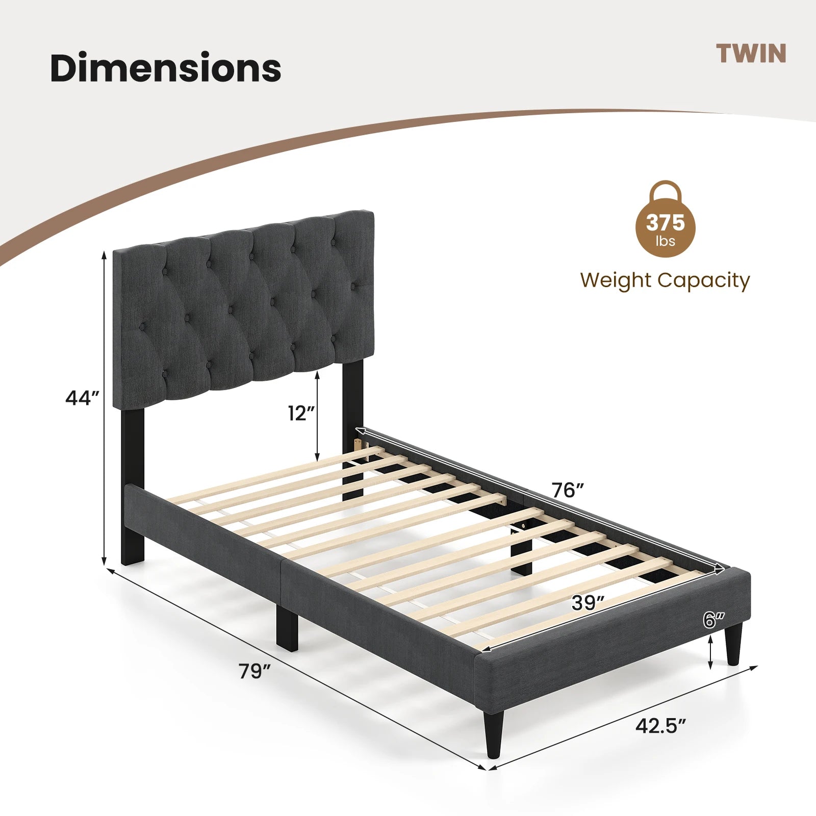 Twin Size Bed Frame with Button-Tufted Headboard & Wooden Slats Easy Assembly