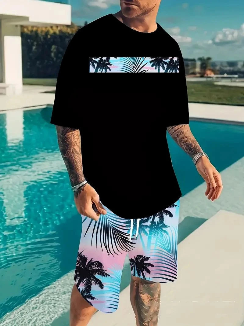 Summer men's two-piece set Hawaii fashion casual men's T-shirt outdoor beach men's shorts palm tree print O-neck short sleeved l