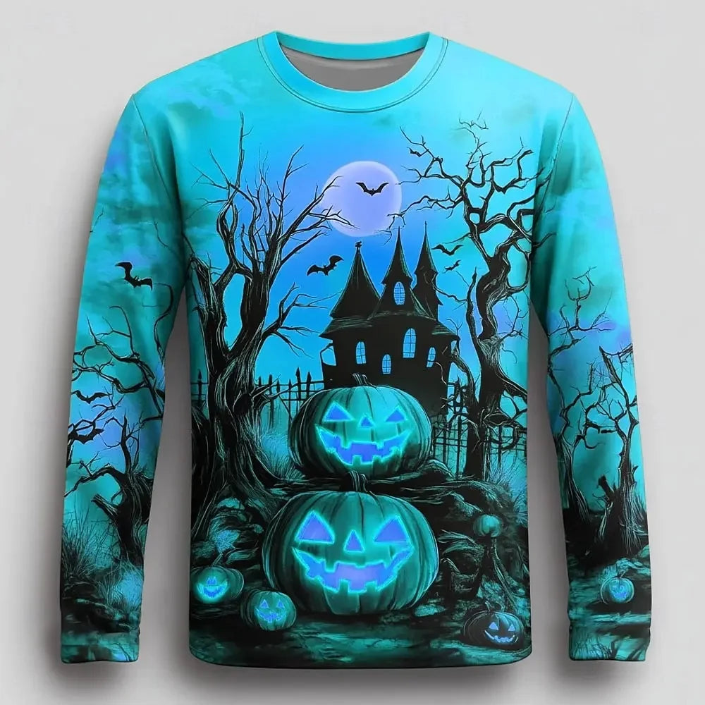 2026 New Autumn and Winter Men's Halloween scarecrow Pumpkin Full Print Round Neck Hoodie Horror Forest Moon Bat Long Sleeved Tr