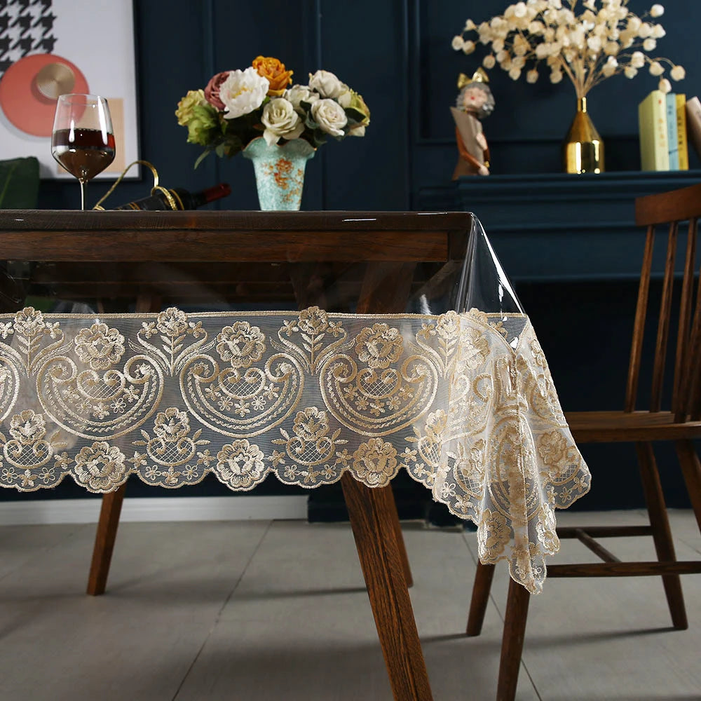 Clear Plastic Waterproof Tablecloth,Vinyl PVC Rectangle Table Cloth Oilproof Lace Table Cover for Dining Table Outdoor Decor