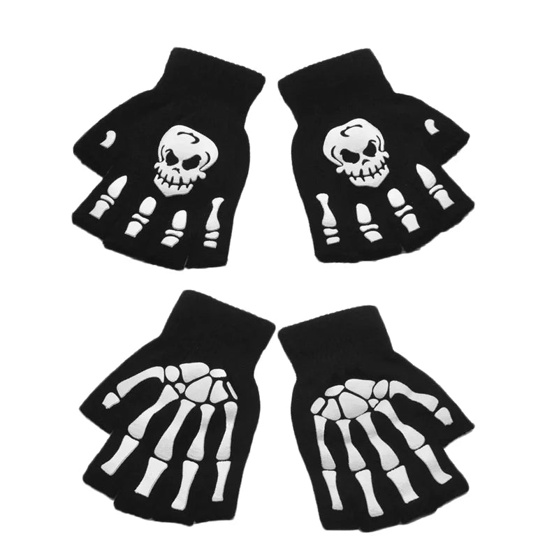 New Punk Gloves Unisex Halloween Skeleton Skull Half Finger Gloves Glow In The Dark Fingerless Stretch Knitted Winter Mittens