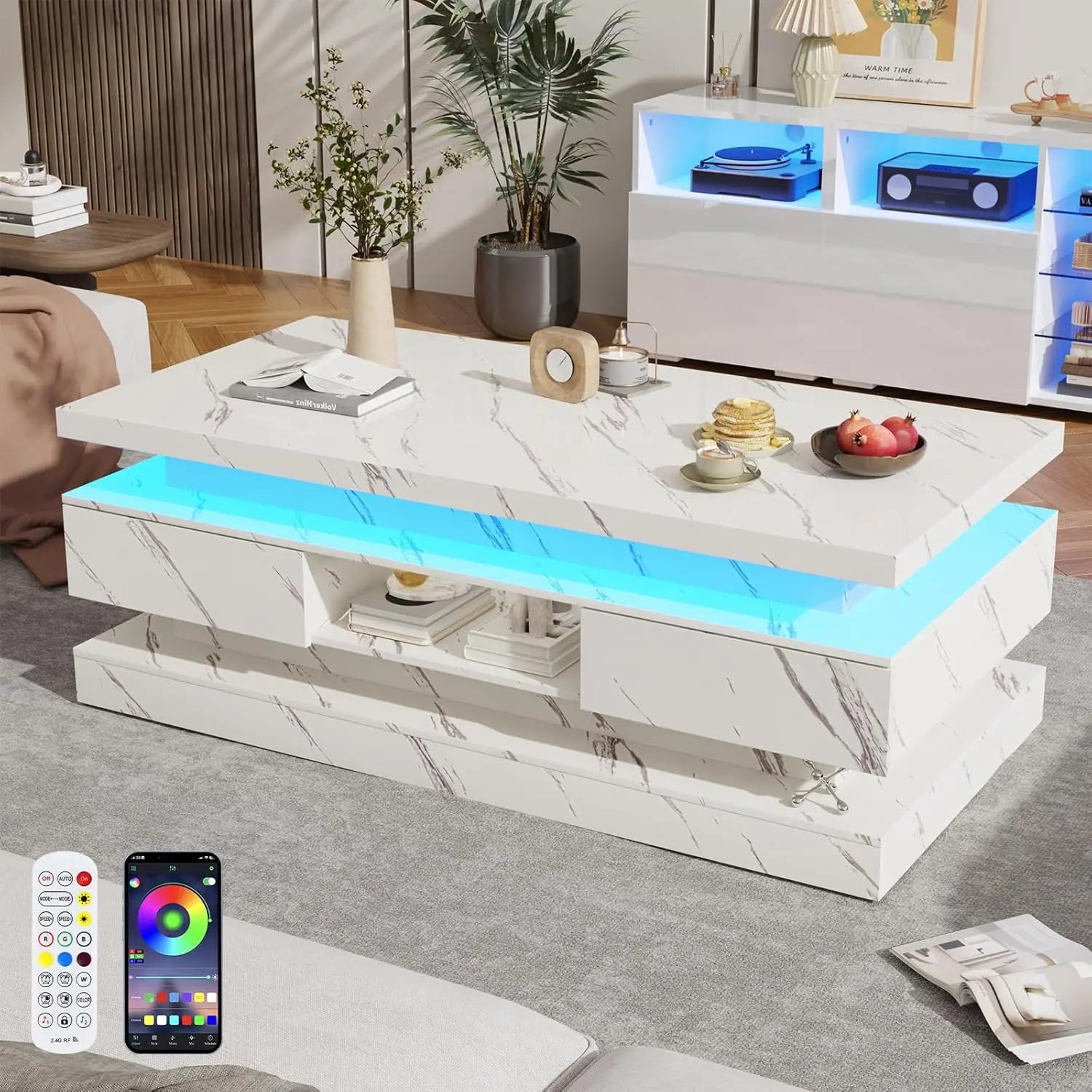 47.2 inch Modern High Glossy LED Coffee Table with 2 Sliding Drawers, Double-Layer Center Tables with LED Lights, Customized