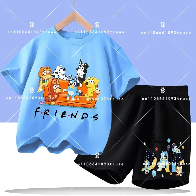2026 summer T-shirt, 2-piece set Bluey children's 100% cotton short-sleeved set for boys - boys' sports shirt, girls' casual top