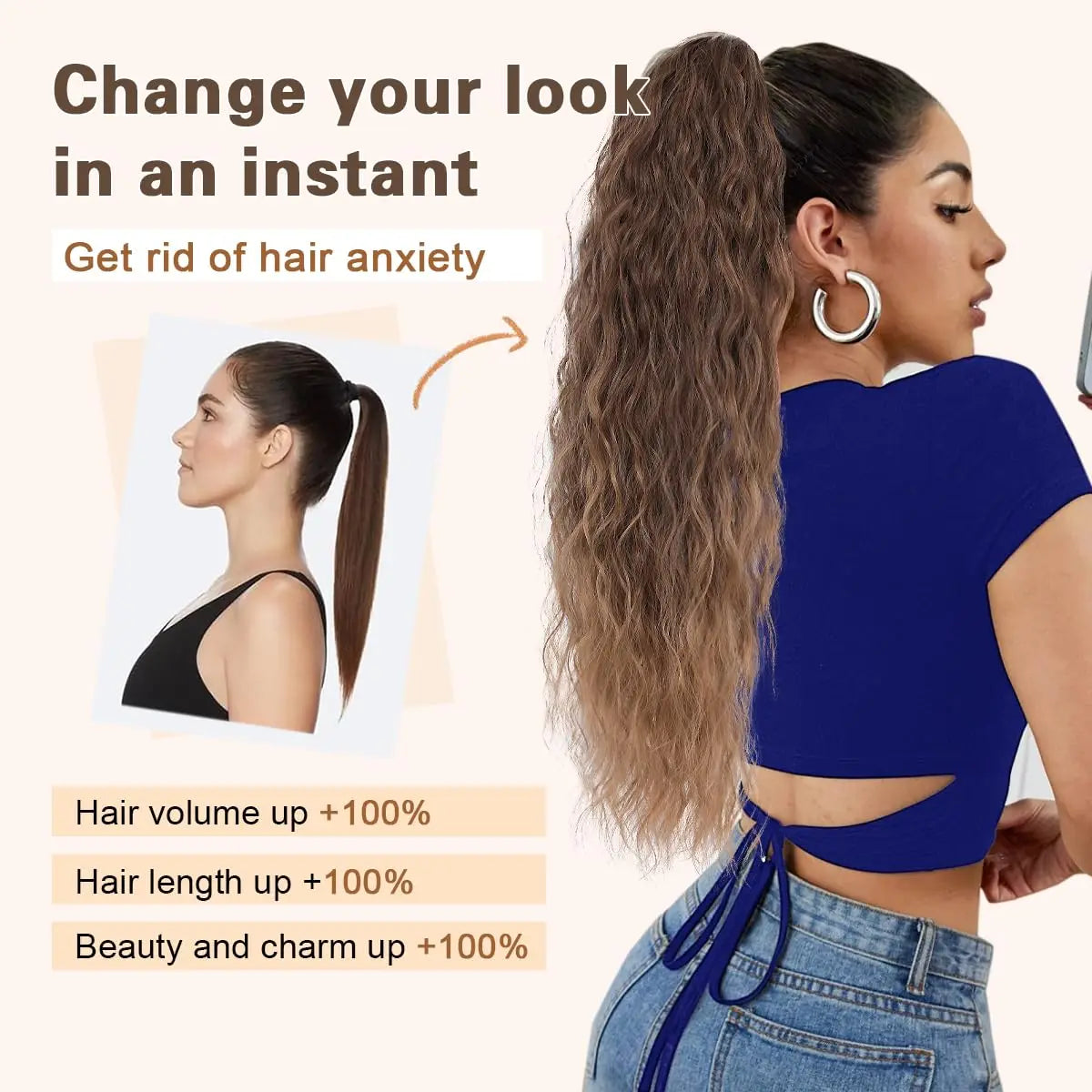 22 Inch Drawstring Ponytail Extension Curly Wave Long Ponytail Hair Extension Synthetic Corn Wavy Drawstring Ponytail Extensions