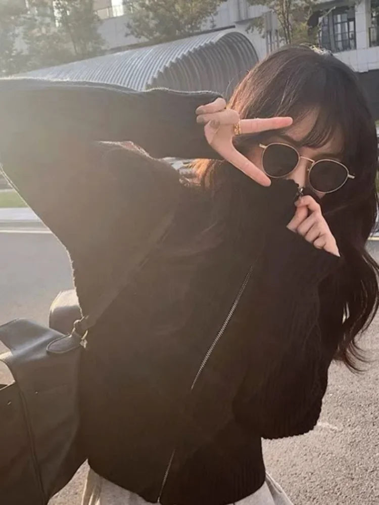 Y2k Aesthetic Harajuku Cardigan Mujer Kardigan Turtleneck Streetwear Grey Crop Tops Zipper 2026 Autumn All Match Solid  Sweater