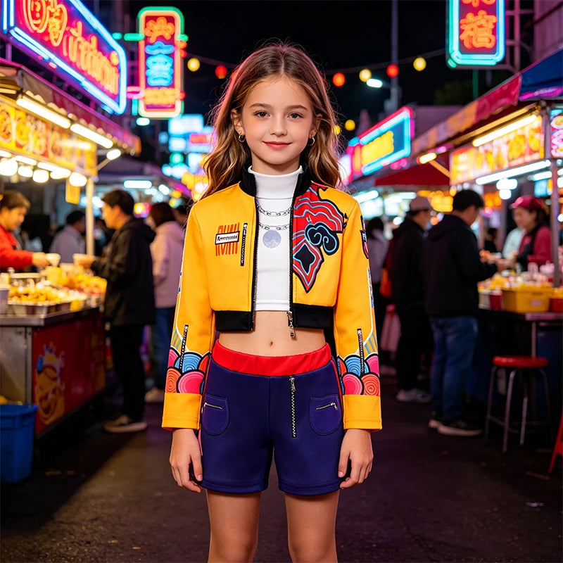 Kids Girls Street‑Style Fancy Cosplay Kit 3D Printed Cropped Jacket Shorts for Halloween Birthday Theme Party Role‑Play Outfit