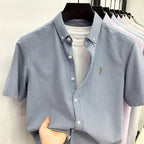 High End Brand Embroidered Striped Shirt Men's Short Sleeved Lapel Business Breathable Shirt Summer New Pure Cotton Jacket