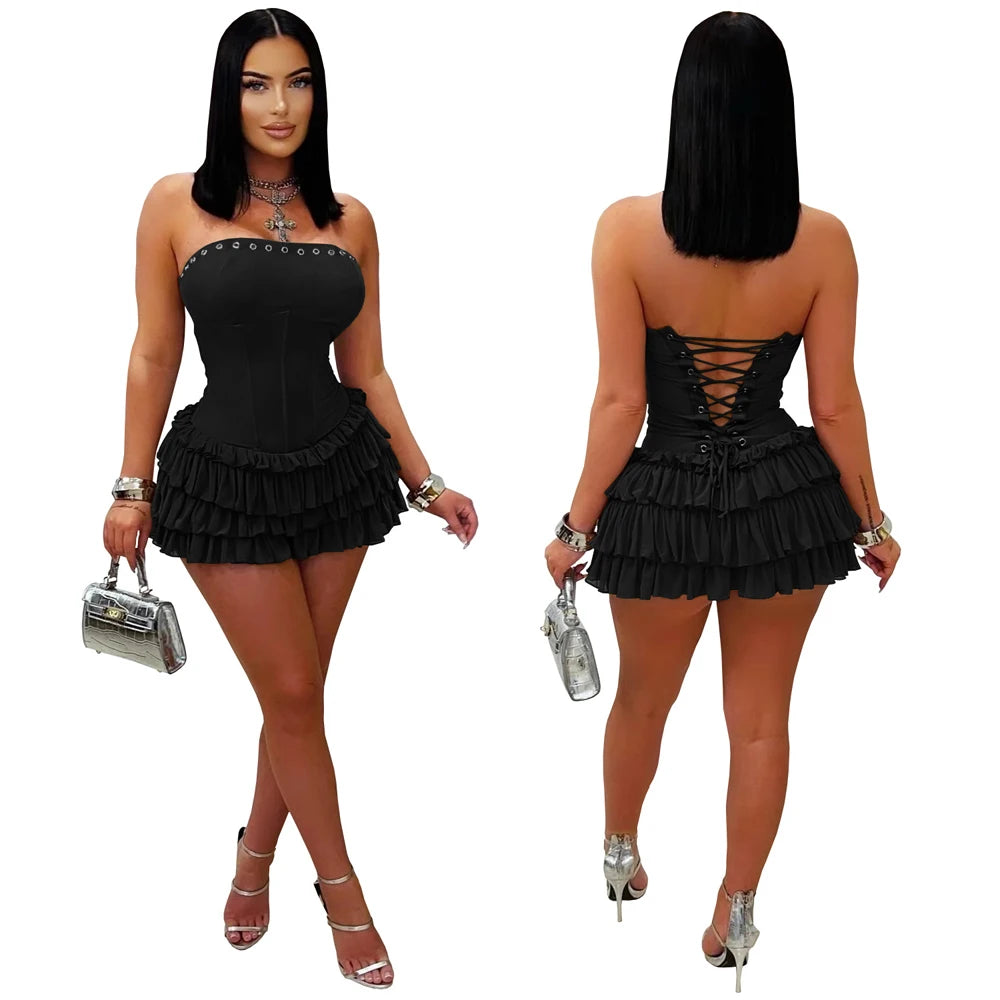 Y2k Vestidos Para Mujer Solid Color Elegant Strapless Puffy Ruffles Slim Fit Mini Dress Curvas Pleated Sexy Short Dress Women