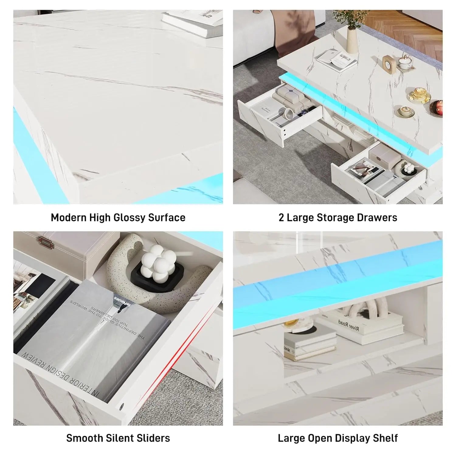 47.2 inch Modern High Glossy LED Coffee Table with 2 Sliding Drawers, Double-Layer Center Tables with LED Lights, Customized
