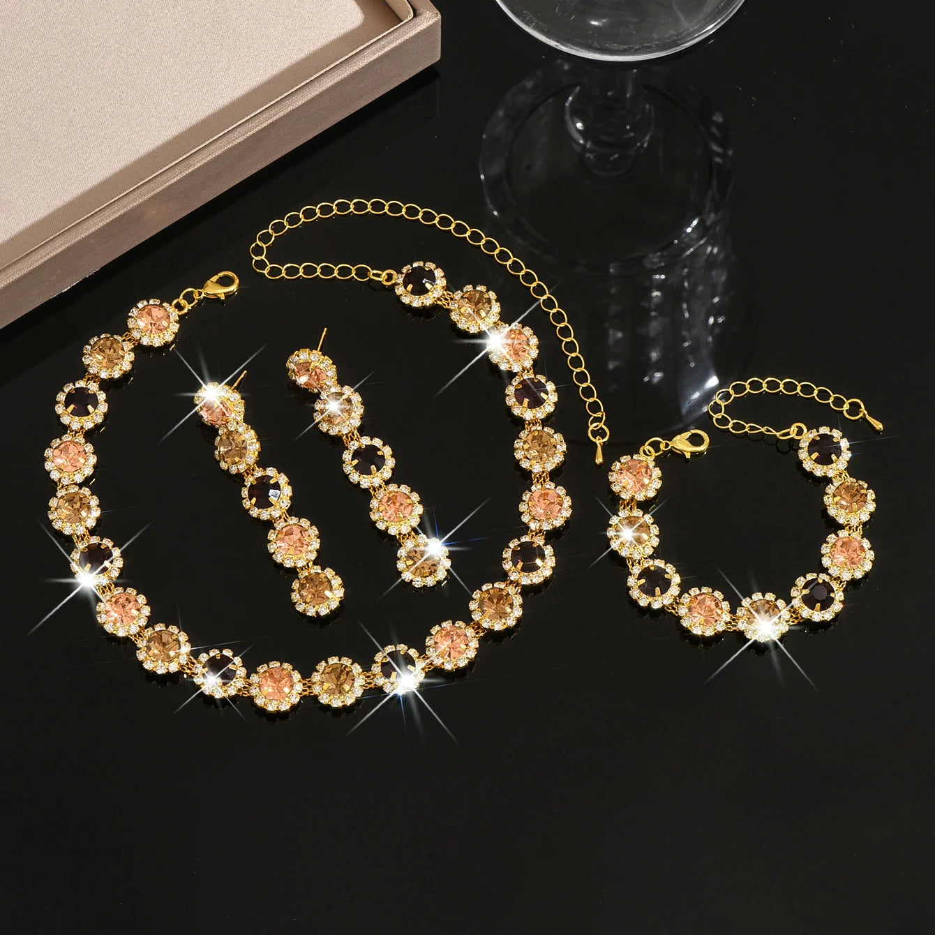 Jewelry set - Crystal zirconium geometric flower necklace, earrings and bracelet - fashionable jewelry. Gift for wife.