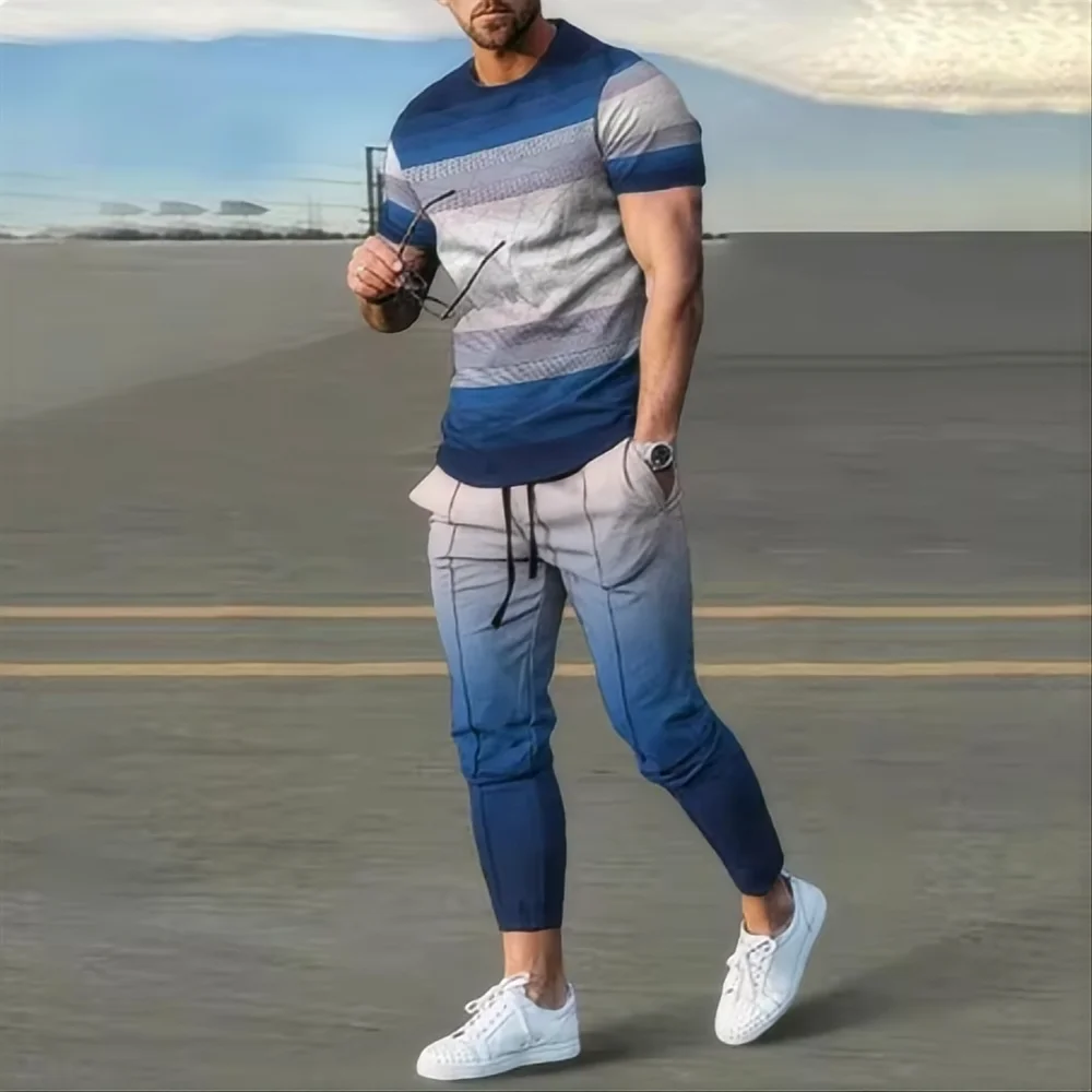Summer basketball sportswear set short sleeved T-shirt long pants two-piece set men's sportswear 3D printed casual oversized men