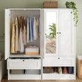 Wood Armoire Wardrobe Closet with Mirror Door and Drawer, 2 Doors Bedroom Storage Cabinet for Hanging Clothes, White