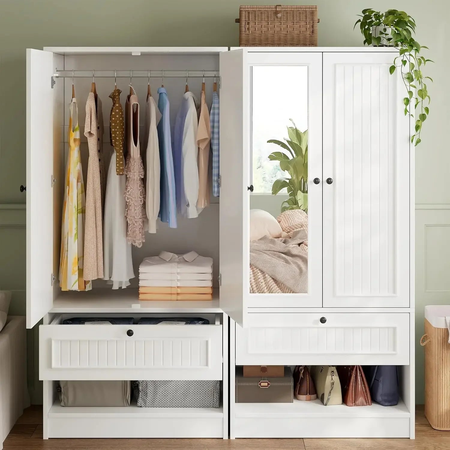 Wood Armoire Wardrobe Closet with Mirror Door and Drawer, 2 Doors Bedroom Storage Cabinet for Hanging Clothes, White