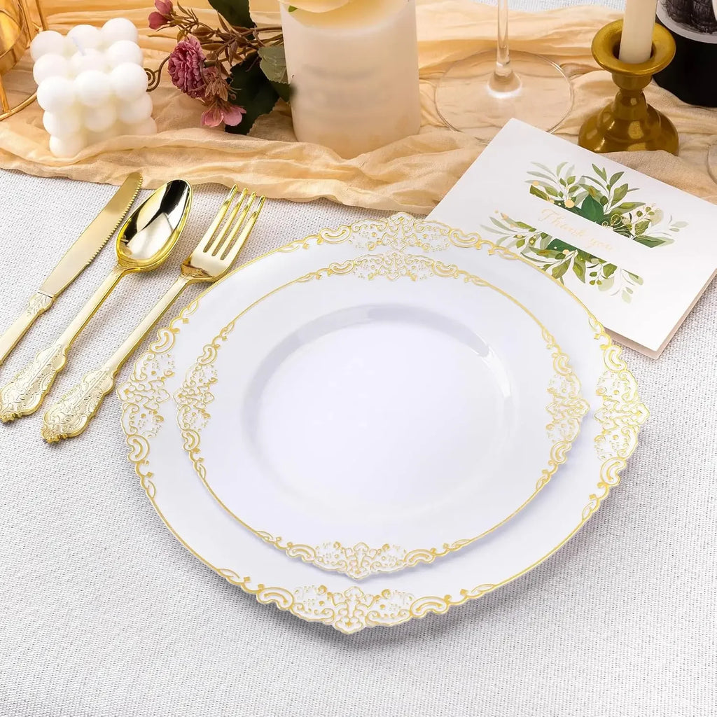 White And Gold Disposable Plates 200 Pcs For 100 Guests Dinner Dessert Plates For Party Wedding Graduation