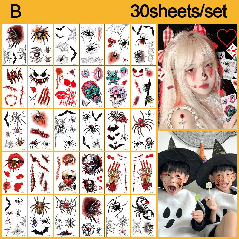 30 Sheets Halloween Fake Tattoo Scar Stickers Face/Hand/Body Makeup Stickers