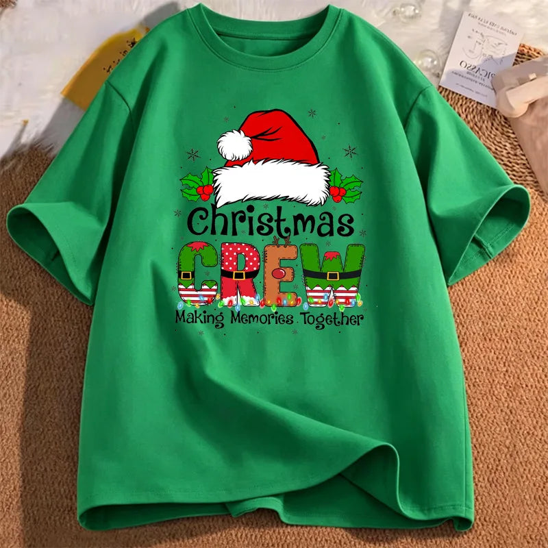 Christmas Crew Santa Hat Holly Snowflake Quote Art Print Graphic Womens T Shirt Short Sleeve Crew Neck Casual Ladies Tee Tops