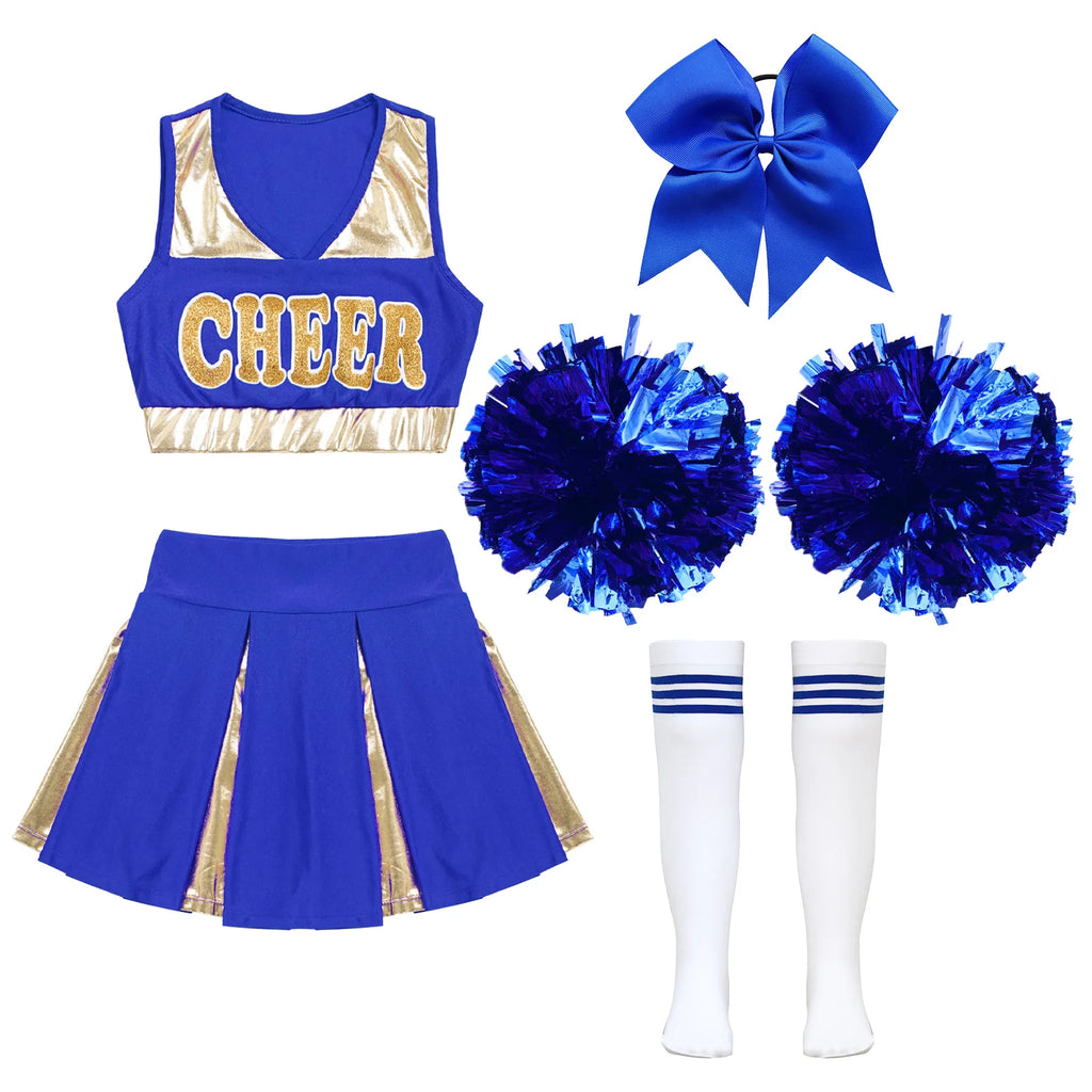 5Pcs Kids Girls Halloween Cheerleader Costume Outfit Uniform Set Cheerleading Dance Dress with Socks Pompom for Role Play Party