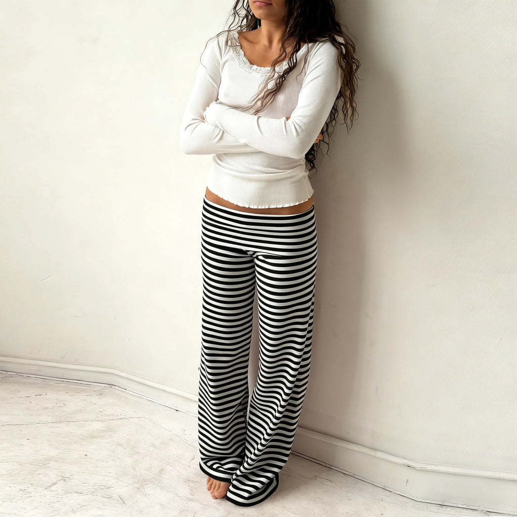 Women Summer y2k Vintage Striped Print Wide Leg Yoga Pants Fold Over Low Waist Casual Slim Loungewear Pants Trousers Streetwear
