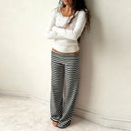 Women Summer y2k Vintage Striped Print Wide Leg Yoga Pants Fold Over Low Waist Casual Slim Loungewear Pants Trousers Streetwear