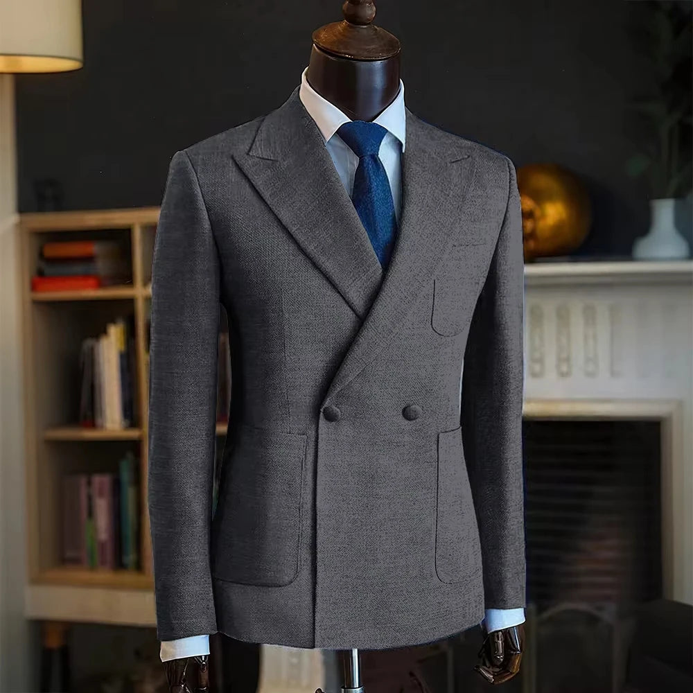 Luxury Men's Classic Suit Blazer Linen Double Breasted Notch Lapel Formal Groom Wedding Dress Jacket Lightweight Sport Coat