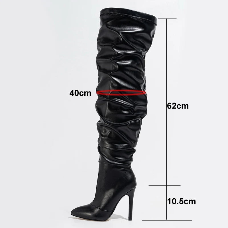 Women Side Zipper High Thin Heel Long Boots Spice Girl Pleated Over Knee High Boots for Outdoor Nightclub Pub Party Gathering