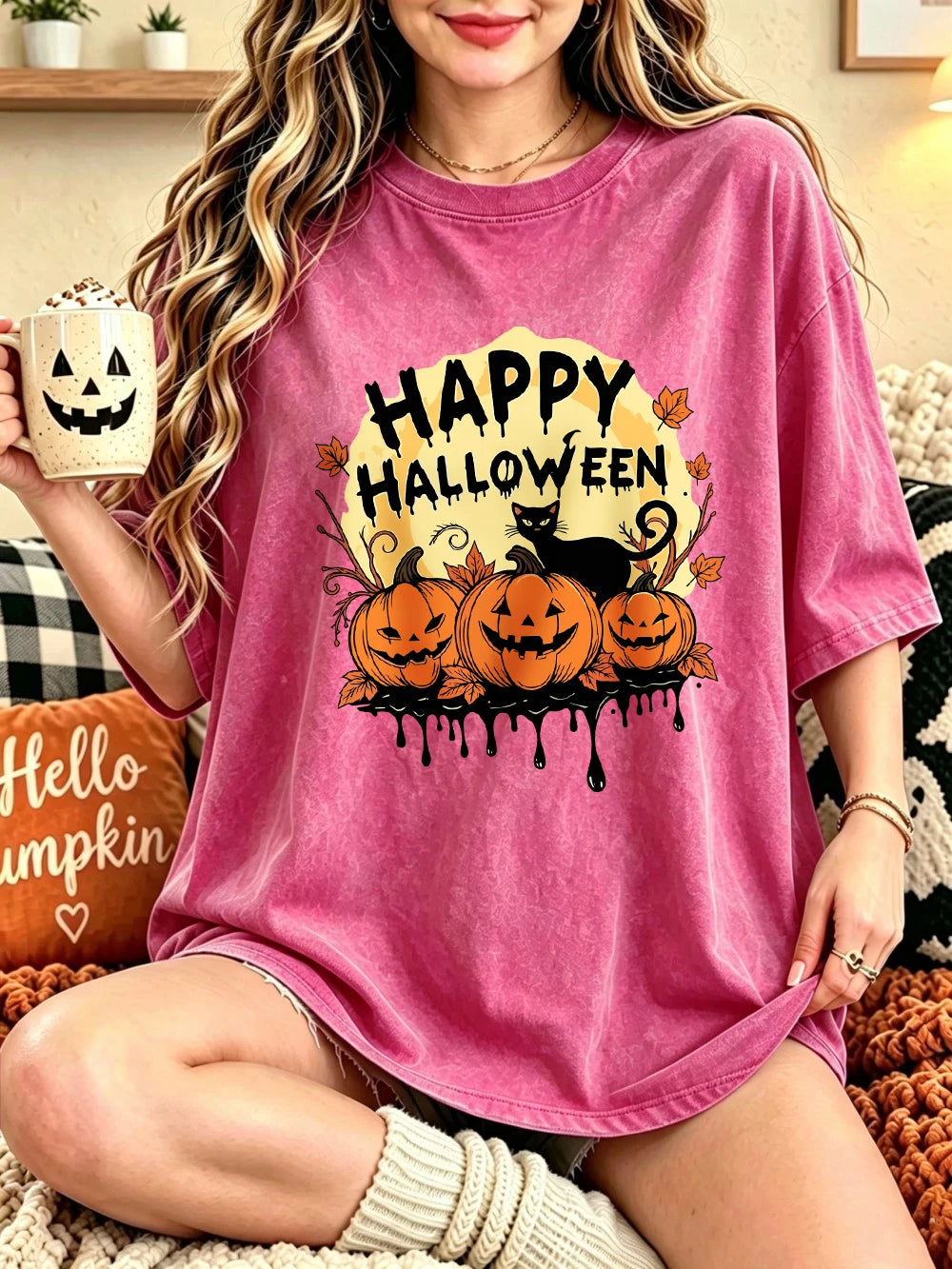Happy Halloween Pumpkins Printed Washed T-Shirts Womens Cotton Short Sleeve Tops Casual O-Neck Oversized T Shirt Summer Clothes