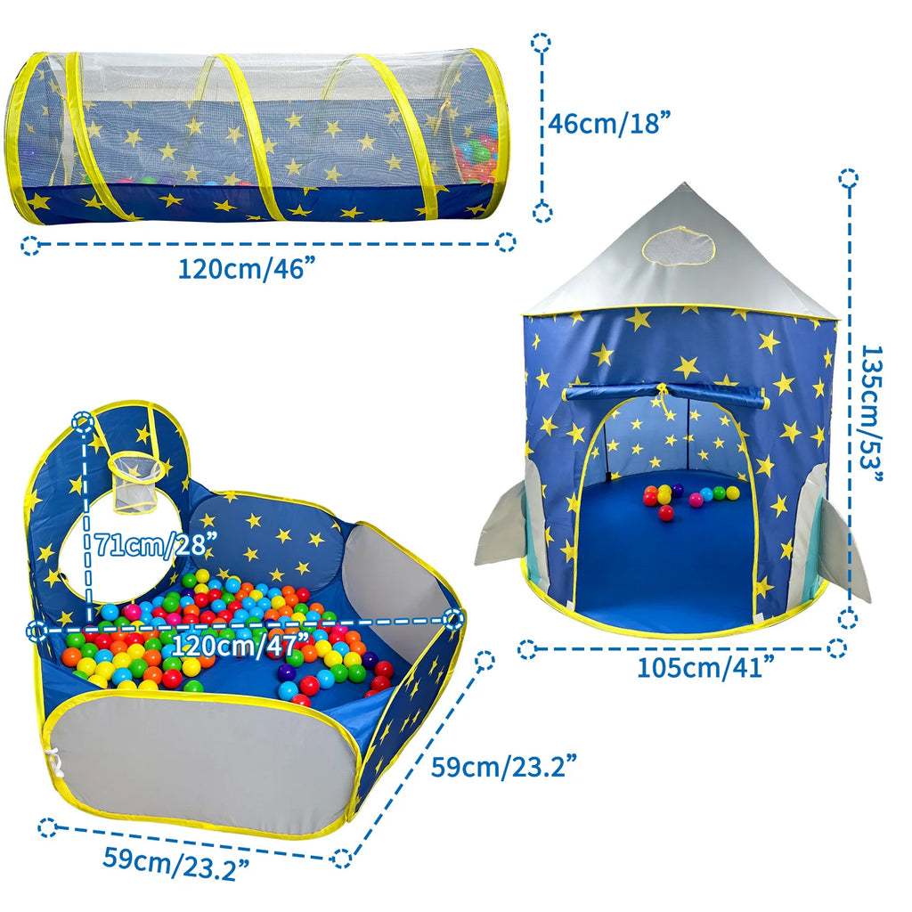 3 in 1 Space Pop Up Play Tent with Tunnel, Ball Pit ,Basketball Hoop for Kids, Boys, Girls, Child and Toddlers, Indoor/Outdoor