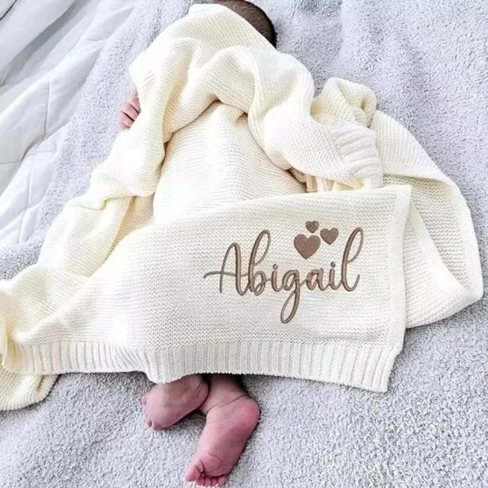 Customize Name Baby Blanket - Embroidered Design Great for New Borns Stroller Swaddles Comfort Breathable Cotton Knitted Blanket